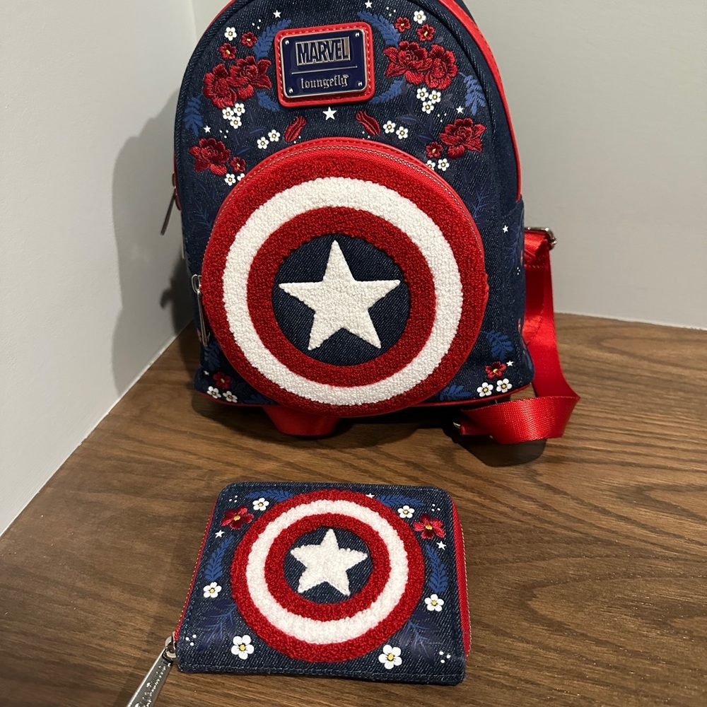 Loungefly Marvel Floral Shield Kids Backpack and Wallet - Red, Blue, White